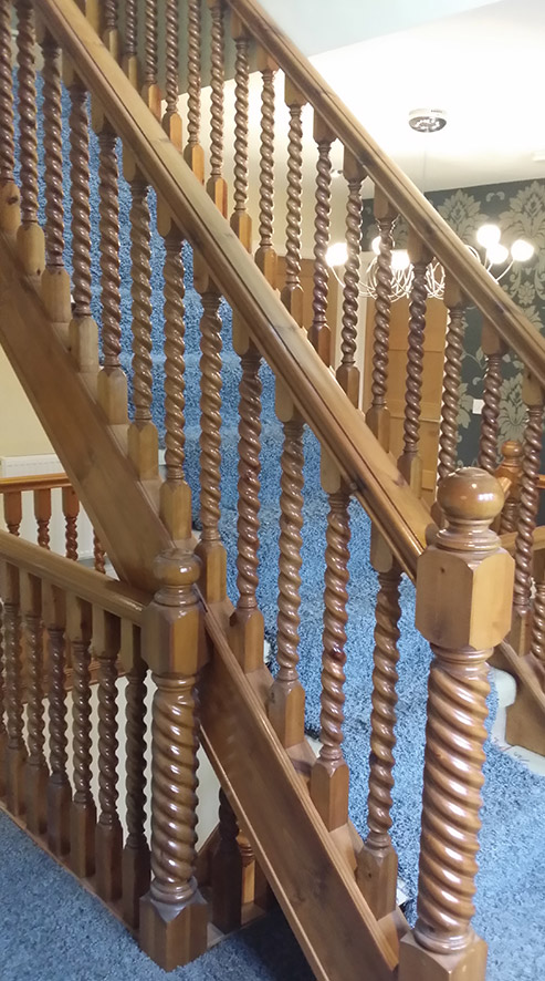 An example of a traditional wood spindle staircase